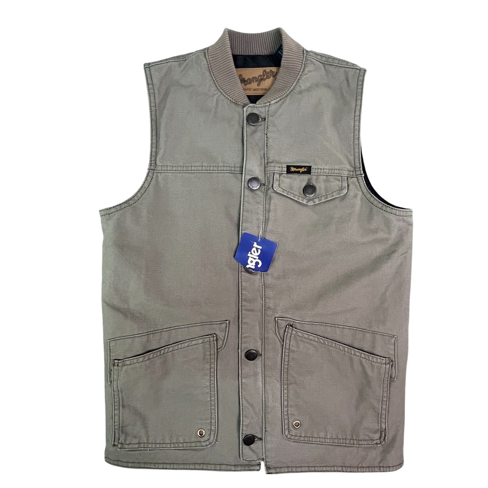 Wrangler Men's Authentic Western Canvas Vest Olive Green Quilted Lined Large NEW